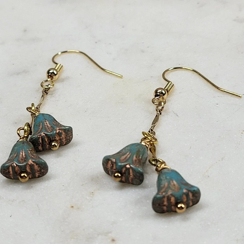 Blue Lily Flower Dangle Drop Earrings Handmade Beaded Whimsical Fairy Boho NEW